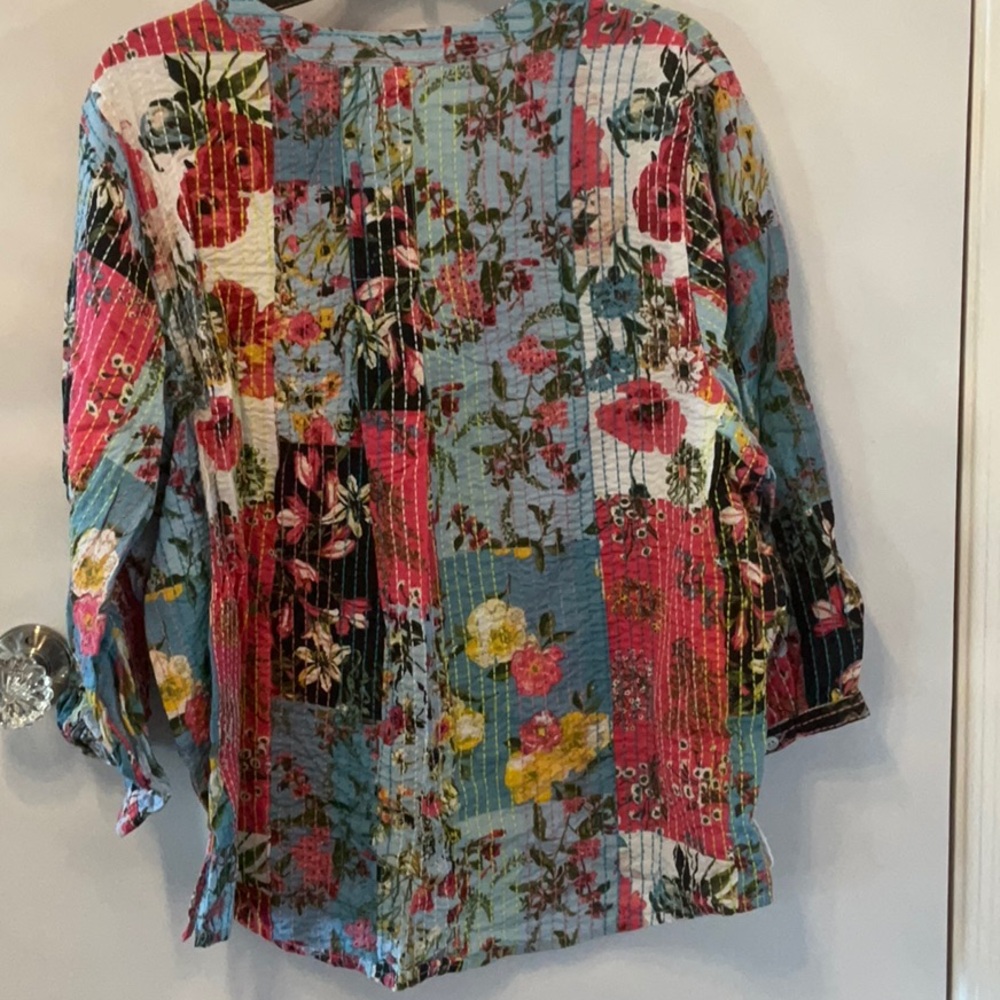 John Mark Floral Patchwork Blouse in Blue, Pink, Green - Picture 2 of 5